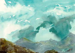 акварель - горы - бой в облаках